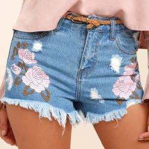 LULUS - Posy Parade Light Wash Embroidered Shorts